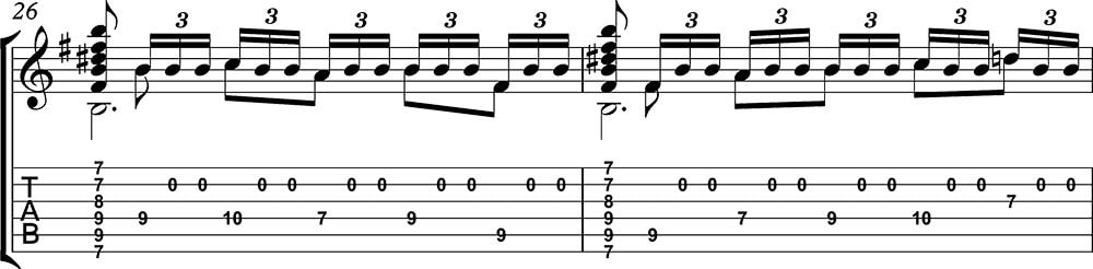 Imagen de la partitura y tablatura del tutorial de Asturias de Albéniz (tercera parte) b