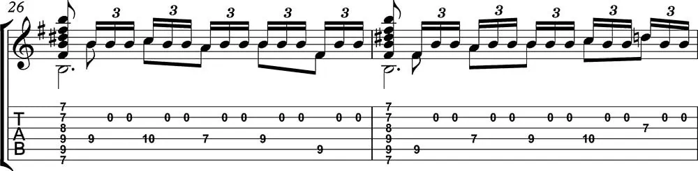 Imagen de la partitura y tablatura del tutorial de Asturias de Albéniz (tercera parte) b
