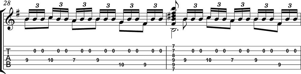 Imagen de la partitura y tablatura del tutorial de Asturias de Albéniz (tercera parte) c