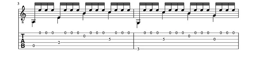 Partitura y Tablatura de Preludio Tristón. Trémolo para guitarra clásica. Pentagrama 2/4.