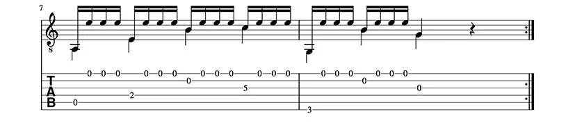 Partitura y Tablatura de Preludio Tristón. Trémolo para guitarra clásica. Pentagrama 4/4.